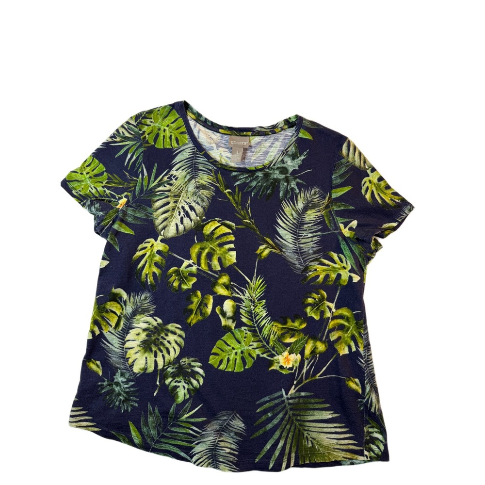 Chico's Blouse Top Womens 1 Navy Blue Green Tropical Leaf Coquette Palm Beach